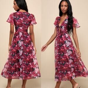Lulus RSVP Magenta Floral Organza Tie Front Midi Dress XS